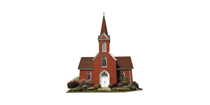 Red brick church with bell tower and stained glass windows isolated on transparent background