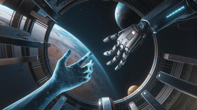 A futuristic scene where a robotic hand and an alien-like hand reach out towards each other in space ai generated