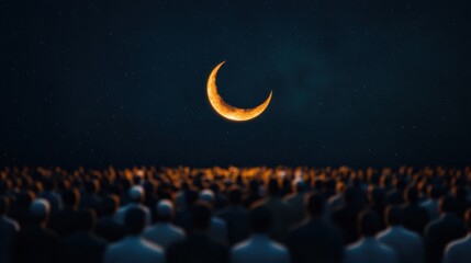 Crowd celebrating eid al-fitr under crescent moon at night