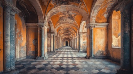 Obraz premium The Worn Arches of Time: Hallway Perspective with Checkerboard Floor and Patina Walls