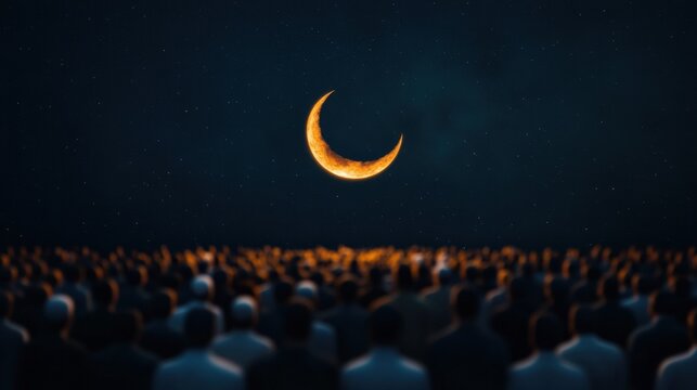 Crowd celebrating eid al-fitr under crescent moon at night