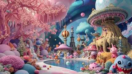 Obraz premium Colorful Cartoon Fantasy Landscape with Playful Characters and Water Features