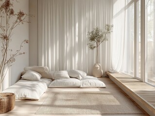 A serene interior space with natural light and soft textures