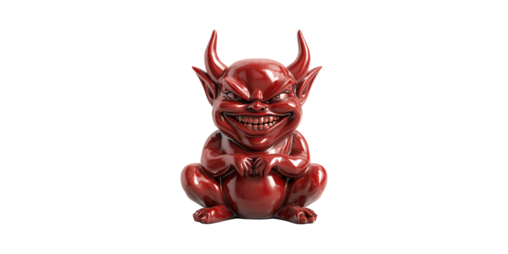 Grinning red devil figurine with pointed horns isolated on transparent background