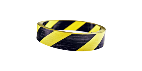 Yellow and black caution tape roll with diagonal stripes isolated on transparent background