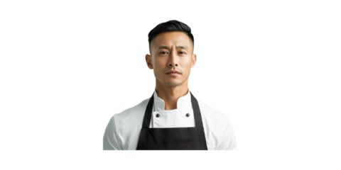 Chef in white uniform and black apron isolated on transparent background