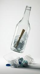 Surreal Still Life of an Empty Glass Bottle Floating with a Message