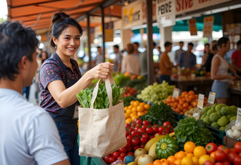 Woman Vendor Handing Bag of Produce to Customer at Farmers Market
