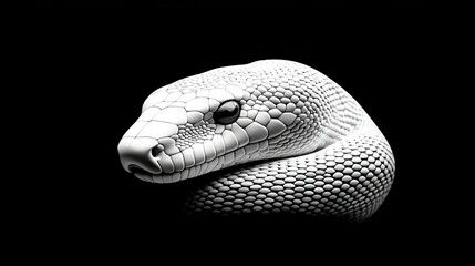 Fototapeta premium A monochromatic image depicts a snake's head protruding its tongue while its eyes are fully dilated against a dark backdrop