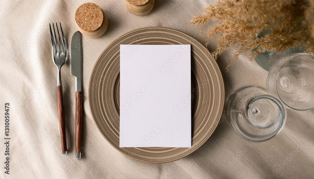 Poster minimal table setting top view on beige linen tablecloth with blank paper sheet cards mockup elegant