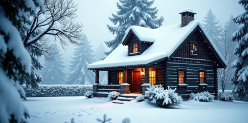 Snowflakes gently fall on a serene winter cottage roof, winter calm, cozy cottage