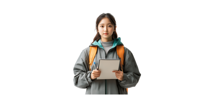 Young woman in gray jacket holding tablet and wearing orange backpack isolated on transparent background - Powered by Adobe