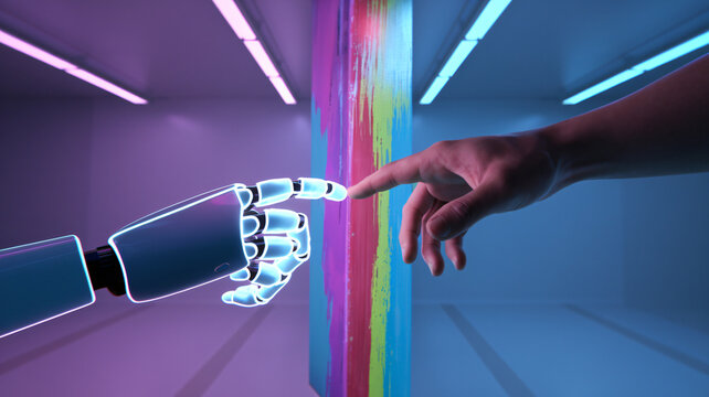 A futuristic scene of a robotic hand reaching towards a human hand against a neon-lit background ai generated
