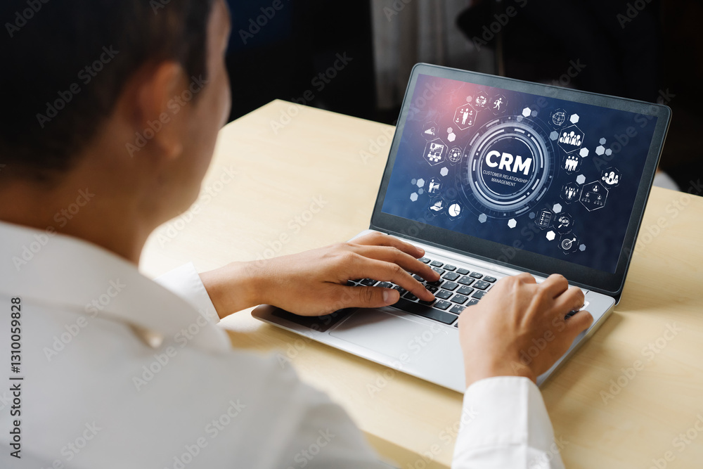 Poster customer relationship management system on modish computer for crm business and enterprise