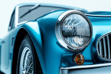 Close-up of a classic, light-blue sports car's headlight and fender