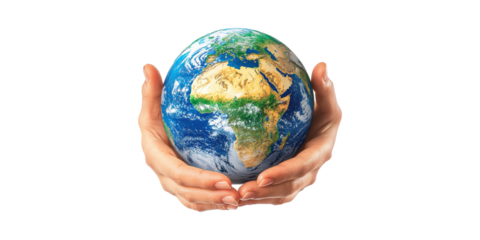 Hands gently holding planet earth globe isolated on transparent background