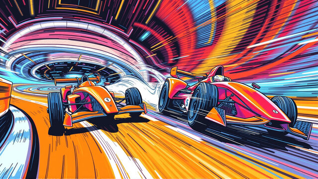 Red cars participate in races. Image of speed on a race track