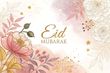 Vintage Eid Mubarak greeting with watercolor floral pattern background.