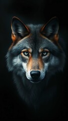 Fototapeta premium Close-up of a wolf's face with intense eyes, set against a dark background, showcasing its detailed fur and expression.