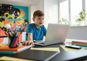 Excited boy using a laptop at a colorful desk filled with school supplies