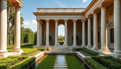 Obraz premium Elegant architectural design showcase historic mansion photography lush gardens wide angle view luxury concept