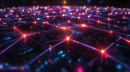 Obraz premium Global network data flow, glowing nodes, dark background, tech concept