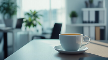 Obraz premium Side View of a Cup of Herbal Tea on a Professional Desk, with a Soft-Focus Office Setting in the Background and Plenty of Space for Copy or Text Insertion copy space