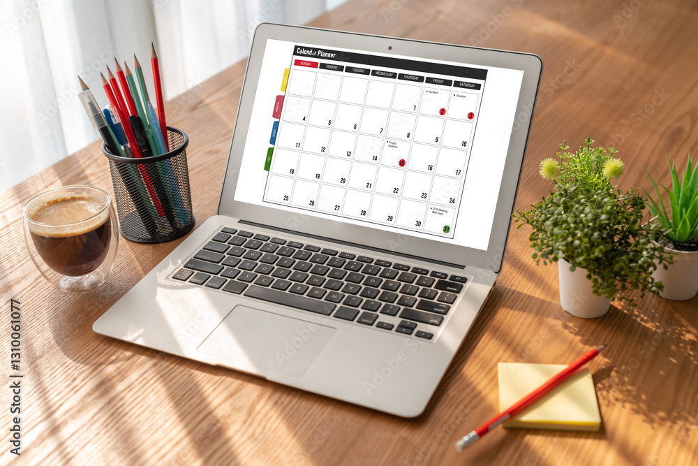 Aufkleber calendar on computer software application for modish schedule planning for personal organizer and on