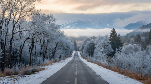 A scenic winter landscape featuring a long road flanked by snow-covered trees and mountains in the background ai generated