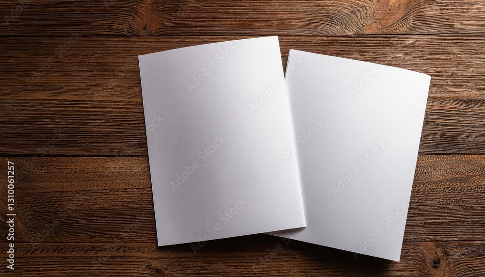 Poster elegant brochure display against a rustic wooden backdrop minimalist white paper sheets arranged in 
