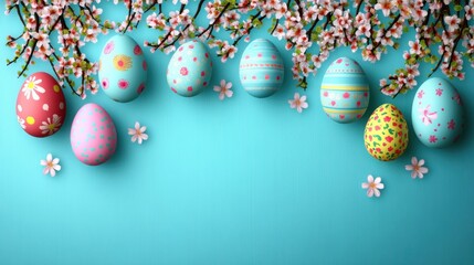 Colorful Easter Eggs with Blossoms on a Turquoise Background - Spring Celebration
