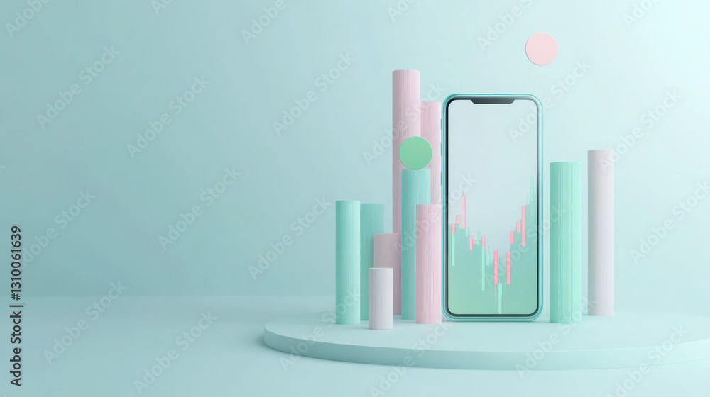 Poster abstract smartphone display with colorful geometric shapes in a minimalistic setting