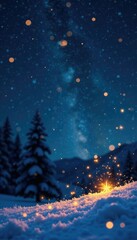 Fototapeta premium Twinkling starry scene with golden accents and snowflakes, sparkly, golden, icy