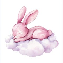 Light Pink rabbit bunny Sleeping in cloud watercolor cartoon illustration isolated on white background
