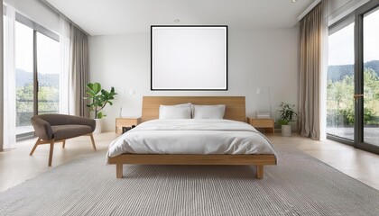 Minimalist White Bedroom Transformed by a Vivid 3D Rendered White Photo Frame, Showcasing a Chic Empty Canvas for Digital Art or Home Decor Inspiration.