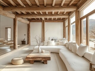 A modern minimalist living room featuring natural wooden architectural elements