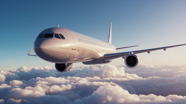 A commercial airplane flying above the clouds with a bright sky in the background ai generated
