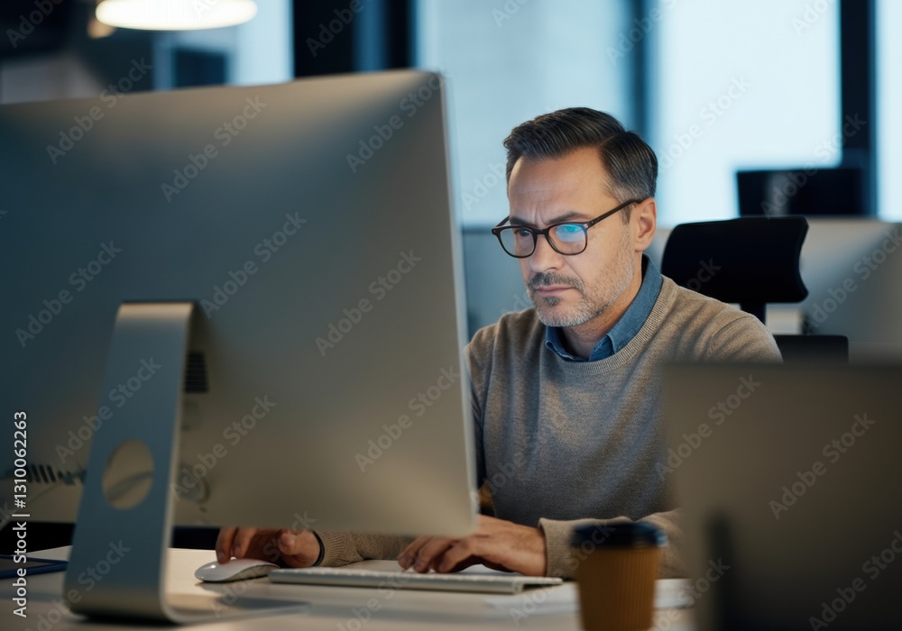 Poster focused man working on a computer in a modern office environment