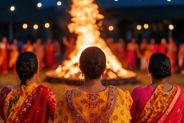 Women celebrating holika dahan with traditional attire and lively expressions