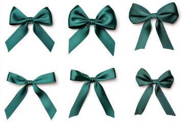 Collection of Elegant Satin Bows in Green Color - A beautiful collection of six satin bows in green, showcasing various styles and shapes ideal for decoration and gifting