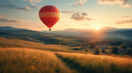 Obraz premium Balloon Ride at Sunset: Serene Flight Over Rolling Hills, Peaceful Landscape, Golden Hour, Aerial View