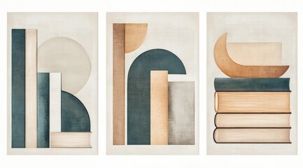 Abstract geometric art print set with books.
