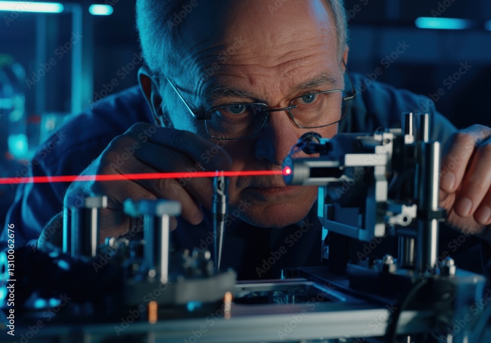 Poster scientist focusing on a laser beam in a high-tech laboratory setting