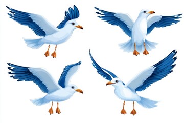 Obraz premium Colorful Cartoon Birds in Various Poses - A set of colorful cartoon birds showing different flying poses with vibrant blue wings and orange beaks