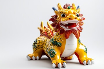 Fototapeta premium Colorful Dragon Statue on White Background - A vibrant ceramic dragon statue featuring intricate details and bright colors, symbolizing strength and protection, set against a clean white backdrop