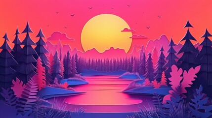 Sunset River: A Vibrant Forestscape in Pink, Orange, and Purple