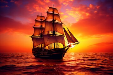 Fototapeta premium Vibrant sunset over tranquil sea with gentle waves and majestic ship silhouetted in warm hues