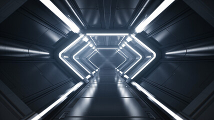 Obraz premium A symmetrical, futuristic tunnel with illuminated white geometric patterns creating depth ai generated