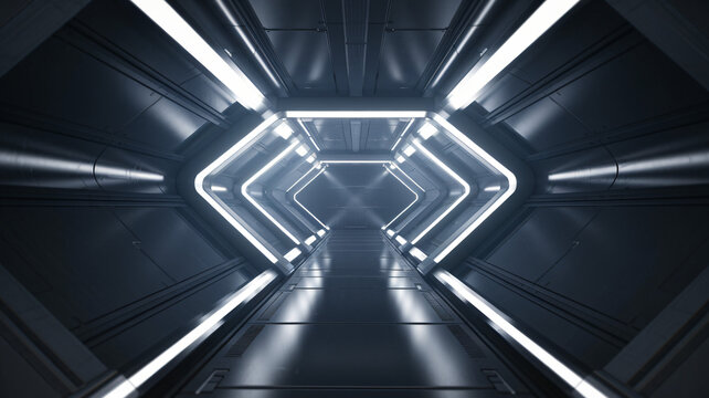 A symmetrical, futuristic tunnel with illuminated white geometric patterns creating depth ai generated