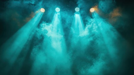 Turquoise Light Show: Stage Lighting in Action with Wisps of Smoke and Fog